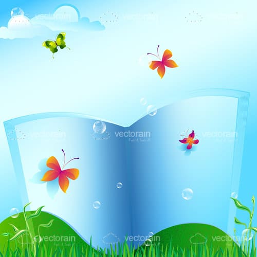 Blank Open Book with Butterflies in Nature Landscape